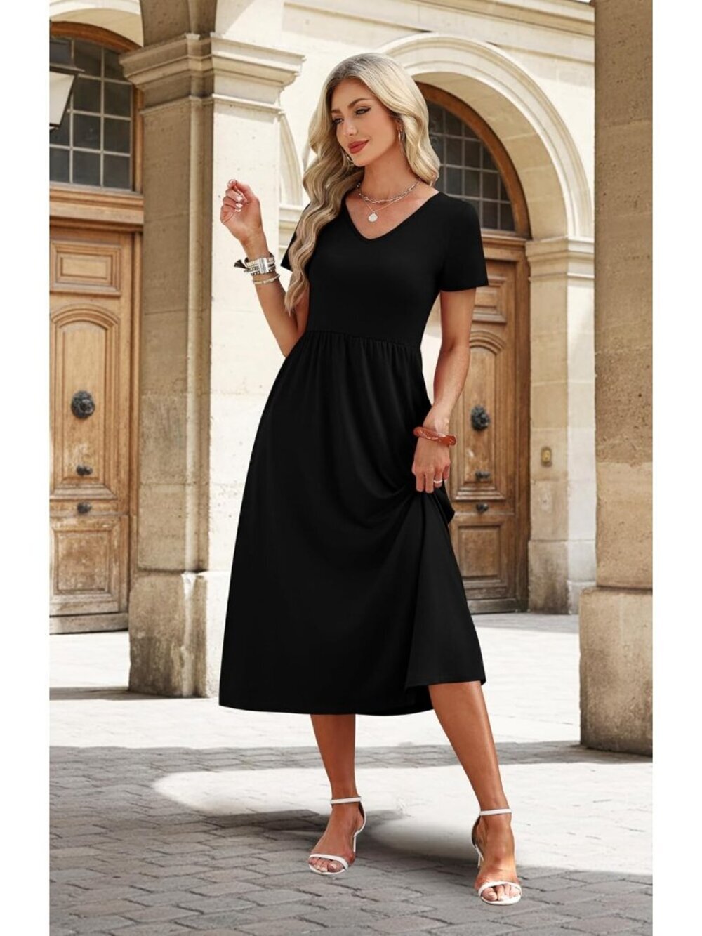 Women's Solid Black Flowy Casual A Line Midi Beach Sundresses With Pocket - Picture 3 of 5